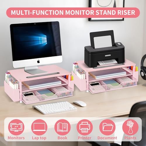 AUPSEN Pink Desk Organizers and Accessories, 2-Tier Wood Computer Monitor Stand with Drawer, Pen Storage & Phone Holder, Office Desk Accessories, Workspace Desktop Organization for Office Supplies - color: Pink Wood