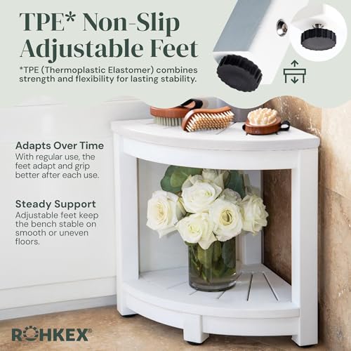 ROHKEX Waterproof Corner Shower Stool - White Waterproof Shower Bench for Shaving Legs & to Sit On - Easily Assembled Corner Bench & Shelf - Restroom Organizer - Restroom Home Decor Gift Idea - color: White