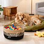 Woof Dog Toy Basket with Handles, Large Dog Toy Storage Bin with Paw Print, Woven Dog Basket for Blankets, Toys, Chews, Pet Toy Box for Nursery, Living Room, Bedroom, 17”x12”x9, Black - color: Black