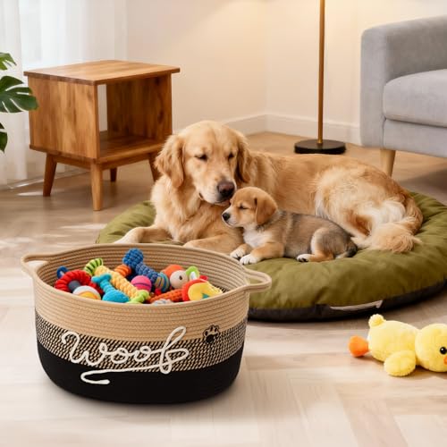 Woof Dog Toy Basket with Handles, Large Dog Toy Storage Bin with Paw Print, Woven Dog Basket for Blankets, Toys, Chews, Pet Toy Box for Nursery, Living Room, Bedroom, 17”x12”x9, Black - color: Black
