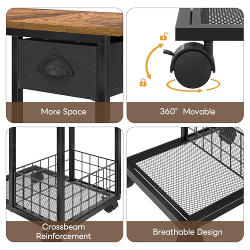 Hayexiha 3-Tier Side Table with Wheels and 360° Rotation, C Table with Drawer, End Table for Couch, Space Saving Small Desk for Narrow Space, TV Tray, Vintage Bedside Table for Living Room, Bedroom