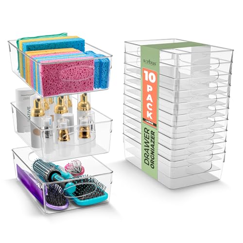 Sorbus Large Clear Plastic Storage Bins, 10 Pack Clear Organizer Bins with Handles, Plastic Storage Bins for Closet, Pantry, Fridge, Medicine Cabinet Organizer, Shelves, Freezer, Drawer - size: Large, style: 10 Pack