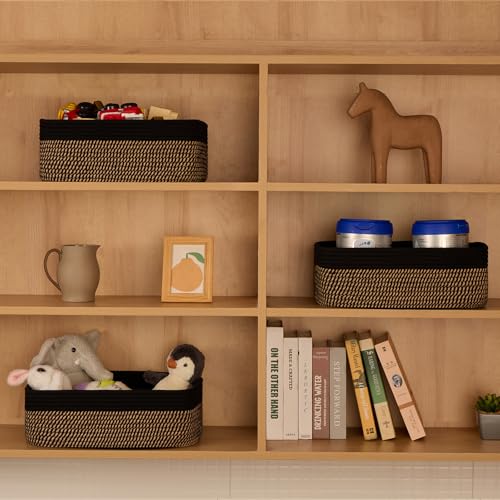 MiniArk Large Shallow Organizing Baskets 15x11x5.1 Inches - Rope Woven Storage Bins for Bathroom, Shelves, Cube Closet, Black Woven Brown 3 Packs - color: Black & Woven Brown, size: 3pcs-L15×W11×H5.1"