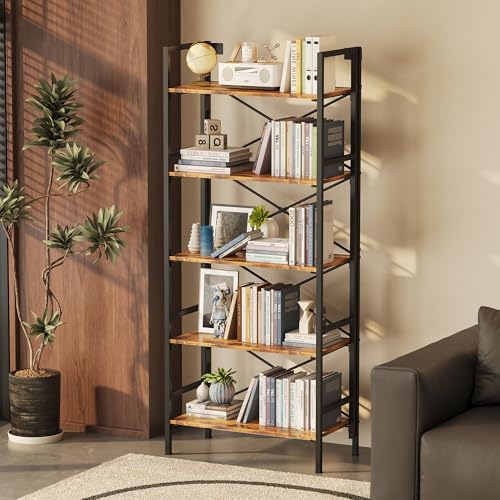 Homeiju Folding Bookshelf,5 Tier Bookcase Foldable Shelf with X-Bracket Design, Adjustable Feet, Space Saving Storage for Living Room, Office, Rustic Brown - color: Rustic Brown, size: 5 Tier