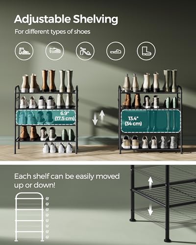 SONGMICS Shoe Rack, 4-Tier Shoe Organizer, Metal Shoe Shelf Storage with 4 Side Hooks, Holds 15 Pairs of Shoes, Height-Adjustable Shoe Rack for Entryway, Hallway, Closet, Ink Black ULMR069B01 - color: Ink Black, size: 4 Tiers (26.7"W)