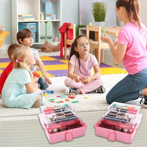 11(in) Versatile Three-Layer Folding Organizer Box,Ideal for Art & Crafts,Toys,Sewing Supplies,Jewelry and Tools,Storage with Dual Trays,Elegant Pink - color: Pink