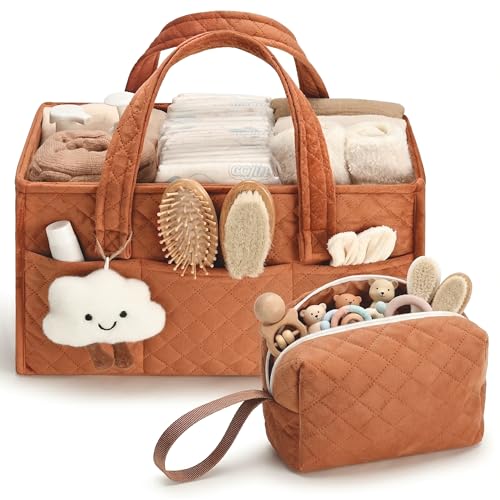 PeraBella Baby Diaper Caddy Organizer, Baby Basket Shower Gift, Portable Changing Table Basket, Postpartum Caddy & Tote Bag Pouch, Newborn Boy & Girl Nursery Essentials Registry, Car Diaper Organizer - color: Cinnamon