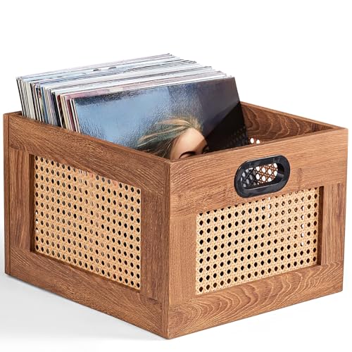 LELELINKY Vinyl Record Storage Crate, Rattan Wooden Record Crate for Vinyls, Vinyl Record Holder with Handle, Multifunctional Records Stand Holder Vinyls Organizer for 75 LPs, Tea Brown - color: Teac Brown, size: 1 Pack