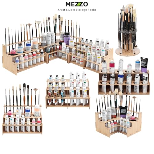 HG Art Concepts Mezzo Artist Paint & Brush Rack - Wood Grain Laminate Multi Layer Desk Stand Professional Storage Display Organizer for paintbrushes and Large Tubes