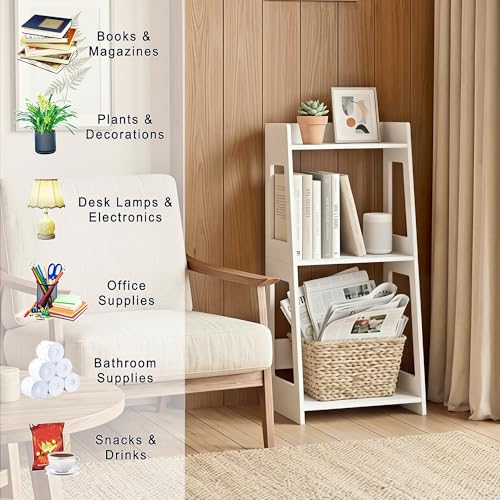 3-Tier Bathroom Ladder Shelf Freestanding, White Floor Shelves Open Shelving Unit, Small Bookshelf Nightstand for Home Study Laundry Room (11.0”D x 12.6”W x 26”H) - size: 11.0”D x 12.6”W x 26”H
