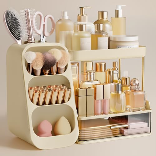 HBlife Bathroom Organizers and Storage with Brush Holder for Vanity, 3 Tier Plastic Makeup Organizer for Dresser Counter, Skincare, Lipstick, Perfume, and Cosmetic Storage, Beige - color: Beige, size: Medium
