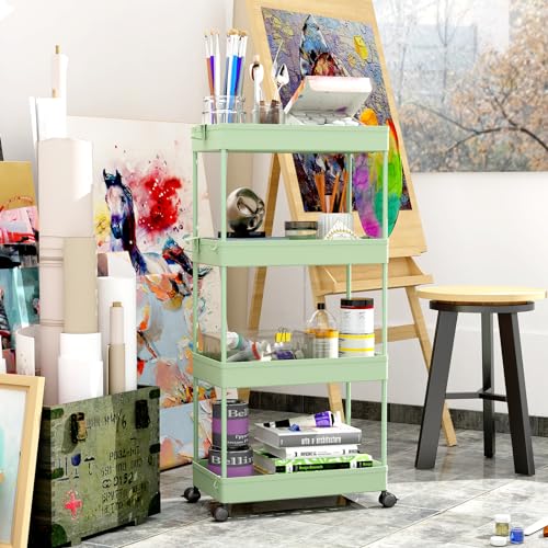 SPACEKEEPER Storage Cart 4-Tier, Bathroom Rolling Cart Utility Storage Organizer Shelf Mobile Shelving Unit for Kitchen Living Room Bathroom Laundry Room & Dressers, Green - color: Green, size: 4 Tier