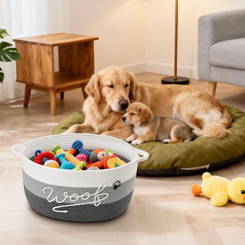 Woof Dog Toy Basket with Handles, Large Dog Toy Storage Bin with Paw Print, Woven Dog Basket for Blankets, Toys, Chews, Pet Toy Box for Nursery, Living Room, Bedroom, 17”x12”x9, Grey - color: Grey