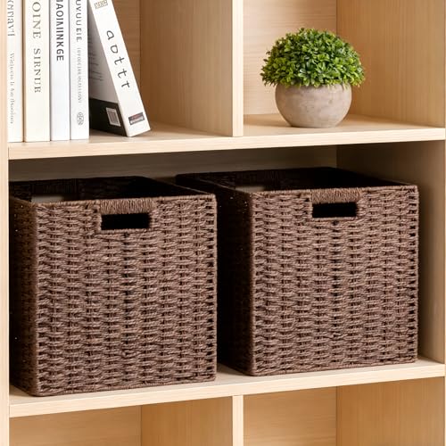 UBBCARE 3 Pack Wicker Basket, 11L×11H×10.5W inch Woven Paper Rope Storage Baskets for shelves, Foldable Cube Storage bin with Handle, Storage Basket for Organizing & Decor, Brown - color: Dark Brown, size: Cube-3pack 11"