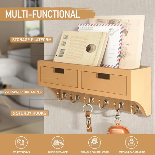 Rebee Vision Key Holder Wall Mount with 2 Drawer Organizer & Key Hooks - Farmhouse Key and Mail Holder for Wall with Shelf for Room Decor Aesthetic - Rustic Home Organization (Light Brown) - color: Light Brown, style: 2-Drawer