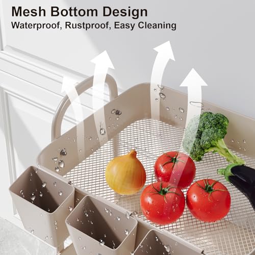 3 Tier Khaki Metal Utility Rolling Cart, Storage Cart with Handle and Lockable Wheels, Multifunctional Organizer Trolley with Mesh Storage Baskets for Kitchen, Office, Living Room, Laundry, Garage - color: Rustic Khaki, size: 3 tier