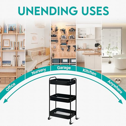 ZOES HOMEWARE 3 Tier Rolling Cart, Metal Utility Cart with 4 Hooks, Rolling Storage Cart on Wheels, Small Organizer Cart for Nursery, Kitchen, Living Room, Bathroom, Black - color: Black