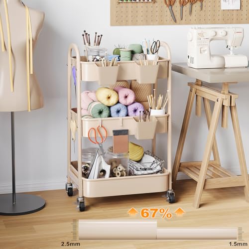 Beige 3 Tier Rolling Cart Metal on Wheels, Three Tiered Storage Organizer Utility Trolley with Wheels for Art, Craft, Baby Diaper Caddy, Snack, Book, Nail, Lash, Cleaning Supplies, Kitchen, Bathroom - color: Light Beige, size: 3 Tier+Cups+Hooks