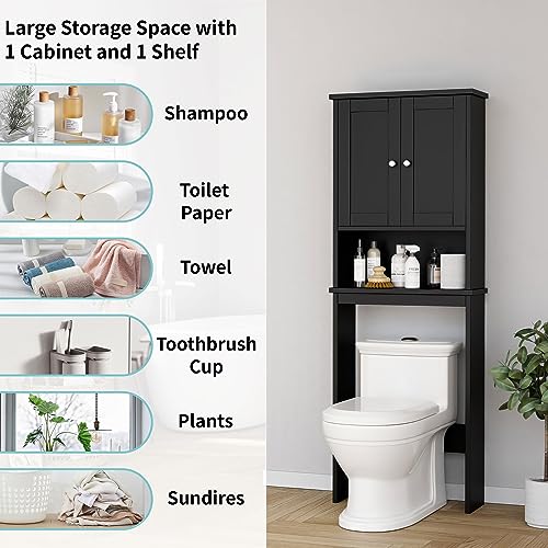 Shintenchi Over the Toilet Storage Cabinet, Bathroom Shelf Organizer with Anti-Tip Device Small Freestanding Space Saver with Adjustable Shelf，Black - color: Black, size: Wood Door