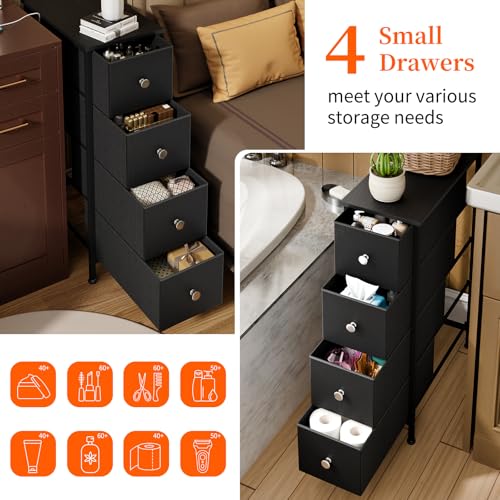 Fixwal Narrow Storage Cabinet, Small Dresser with 4 Drawers, Slim Fabric Dresser Storage for Small Spaces, Black Nightstand Side Table for Bedroom, Bathroom, Laundry, Closet, Dorm - color: Black