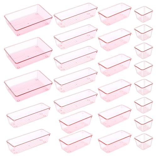25pcs Pink Plastic Drawer Organizer Set, Clear Stackable Drawer Organizer,Kitchen Drawers Dividers for Bathroom, Office, Kitchen Cabinets and Dressing Tables