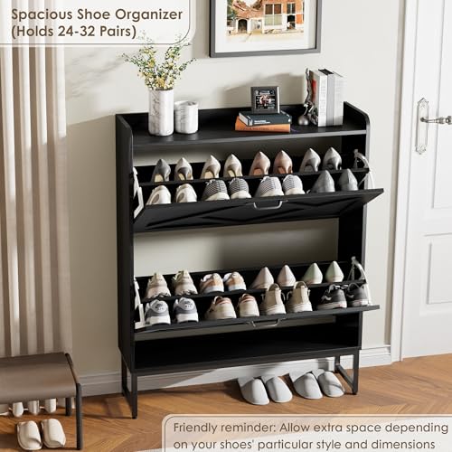 Nicetree Shoe Storage Cabinet with 2 Flip Drawers, Freestanding Shoe Organizer, Shoe Cabinet with Metal Legs, Narrow Shoe Rack Cabinet, Farmhouse Slim Shoe Cabinet for Entryway, Foyer, Hallway, Black - color: Black, style: 2-Drawers