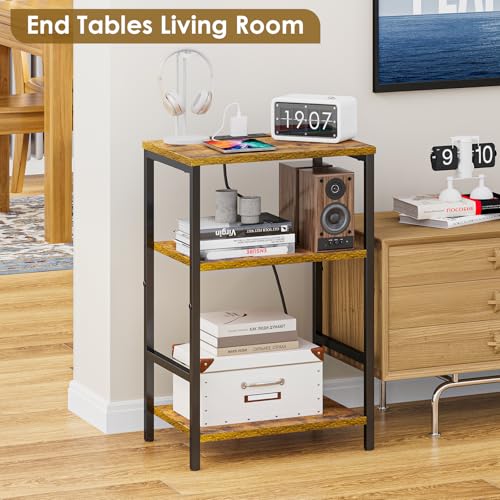 X-cosrack Side Table with Charging Station, End Table with USB Ports and Outlets, Nightstand with Storage Shelves for Small Space, Sofa Couch Table Bedside Table for Living Room Bedroom - color: Rustic Brown With Charging Station