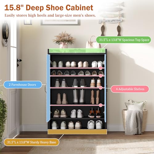 BINGTOO 45" Tall Farmhouse Shoe Storage Cabinet with Doors, Large Shoe Organizer with 4 Adjustable Shelves, Extra Deep Wooden Shoe Rack for Entryway, Foyer, Hallway (Black, 2 Cabinets) - color: Black, size: 2 Cabinets