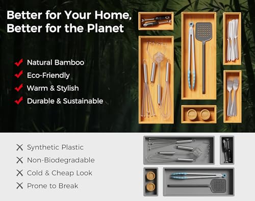Bamboo Kitchen Drawer Organizer Boxes – 12" x 3" Stackable Wood Silverware Utensil Tray for Drawers Bins, Cutlery & Flatware Storage – Wooden Organizers Set of 2 for Junk Drawer, Bathroom, RV - size: 12" x 3" x 2"
