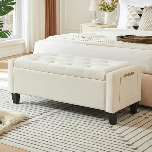 Velvet Storage Ottoman Bench for Bedroom, End of Bed Bench with Button, Side Storage Pockets, Organizer Storage Chest, Upholstered Foot Rest, Load up to 400 lb, for Living Room, Entryway, Beige - color: Beige