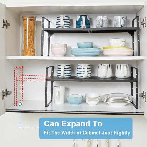 Set of 2 Expandable Cabinet Shelf Organizer, Stackable Kitchen Countertop Shelves Spice Racks, Small Metal Storage Shelf For Cupboard Counter Tabletop, 30 LBS Heavy Duty, Adjustable, 13.8" to 21.6" - color: Black, size: 2 Pack:13.8"-21.6"Long