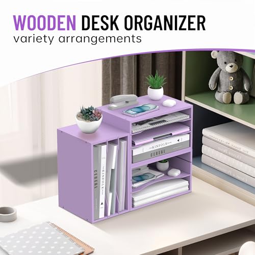 Wood Desk Organizer, 3 Tier Paper Tray Organizer for Desk with Adjustable Storage Shelves, Desktop File Organization Paper Sorter Mail Holder for Office Home Classroom, Purple - color: Purple, size: 3 Tier