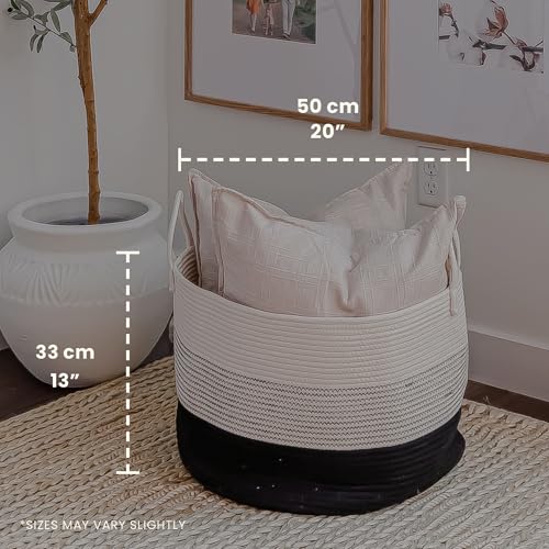 OrganiHaus Large Woven Storage Basket for Blankets and Toys 20" x 13" Inch, Rope Laundry Basket with Handles, Cushions & Pillows Storage Bin, Nursery Hamper, Soft Round Dog Toy Bin - Black/Off-White - color: 3-toned Black, size: Wide