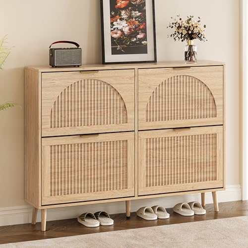 BORNOON Shoe Cabinet for Entryway with 4 Flip Drawers, Slim Wooden Shoe Storage Organizer with Modern Fluted Pannel，Freestanding Narrow Hidden Shoe Rack for Hallway, Foyer, Living Room - color: Oak, size: 4 Flip Drawers