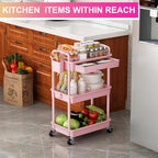 Goovilla 3 Tier Rolling Utility Cart Organizer with Removable Drawer, Stable and Sturdy Pink Rolling Storage Carts with 2 Lockable Wheels for Bathroom, Kitchen, Snack, Craft, Makeup, Baby Essentials - size: 3 Tier, style: Pink
