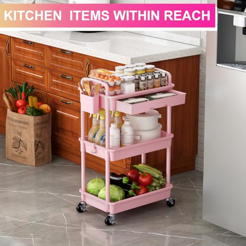 Goovilla 3 Tier Rolling Utility Cart Organizer with Removable Drawer, Stable and Sturdy Pink Rolling Storage Carts with 2 Lockable Wheels for Bathroom, Kitchen, Snack, Craft, Makeup, Baby Essentials - size: 3 Tier, style: Pink