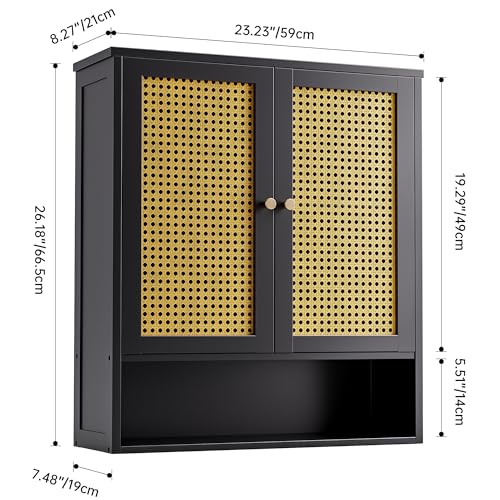 Bathroom Wall Cabinet, Bamboo Over-The-Toilet Storage Organizer with 2 Rattan Doors and Adjustable Shelf, Space Saver Medicine Cabinet for Laundry, Kitchen, Living Room (Black) - color: Black
