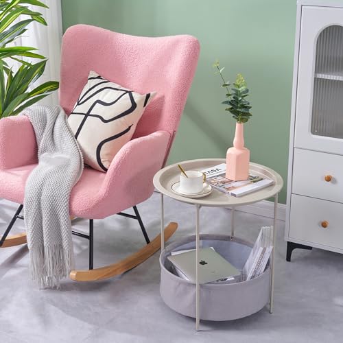 VECELO Round Side/End Table with Fabric Storage Basket，Metal Anti-Rust and Waterproof Small Bedside Nightstand with Removable Tray Top for Living Room，Balcony & Laundry，Grey /1pcs with Basket - color: Grey, size: 1 PCS with Basket