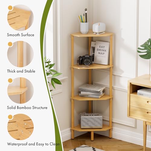 Corner Shelf Stand, 4 Tier Bamboo Corner Organizer, Narrow Tall Bookcase, Corner Shower Caddy, Plant Display Shelf, Open Storage Shelves for Living Room, Kitchen, Office, Balcony, Bathroom - size: 4 Tier