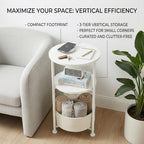 Small Round Side Table with Storage Basket, 3-Tier Narrow End Table Nightstand for Living Room Bedroom, 11.8" Diameter Modern Bedside Table for Small Spaces, Wood Grain & Metal Frame (White) - color: White