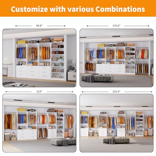 Closet System with 4 Sets, 8FT-21FT Closet Organizer Systems with 9 Wooden Drawers 9 Shelves & 5 Hanging Rods, Walk in Closet freestanding Small Corner Modular Closet Storage System White (8FT)