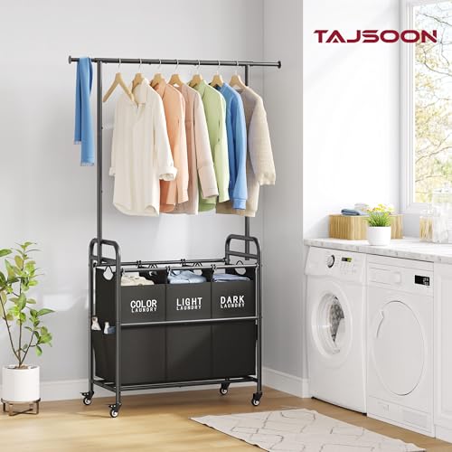 Tajsoon Laundry Sorter Cart with Hanging Rack, Laundry Sorter 3 Section, Laundry Hamper with Heavy Duty Rolling Lockable Wheels, Black - color: Black, size: 3 bag