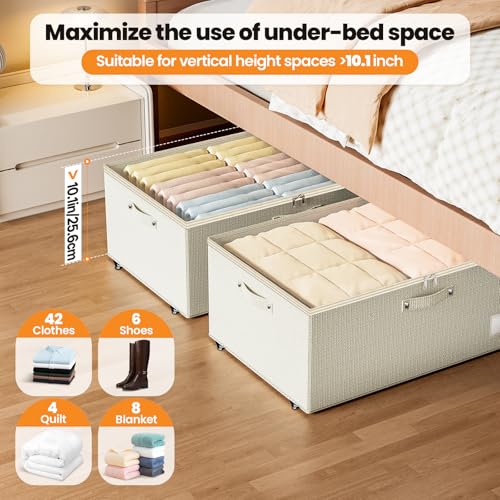 Dayacoco Under Bed Storage With Wheels,10 Inches Under Bed Storage Containers,65L Large Capacity,No Assembly Required Rolling Under Bed Storage for Clothes,Blankets,Shoes,Beige - size: 10.1 inch height-beige
