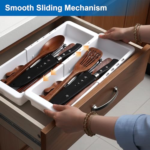 2 PCS Sliding Drawer Tray with Adjustable Dividers, Expandable Kitchen Storage Organizer, Sliding Drawer Bin, Expandable Drawer Organizer, Drawer Organizer Trays For Utensils, Flatware, Junks