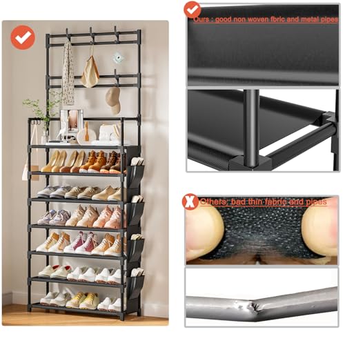 OYREL Shoe Rack 7 Tier Shoe Organizer Storage 21-28 Pairs Closet Shoes Rack for Front Door Entrance Shoe Rack Organizer with Hooks Side Pocket Entryway Large Capacity Shoe Shelf Tower Garage - color: Black, size: 7 Tier (23.6"Wx 65.4"H)