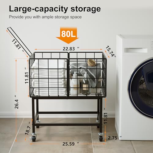 WOWLIVE Rolling Laundry Hamper with Wheels, 80L Heavy Duty Laundry Basket with Handle, Metal Wire Frame Laundry Cart, Dirty Clothes Hamper Organizer Dorm Room Storage for Bedroom, Bathroom, Black - color: Black