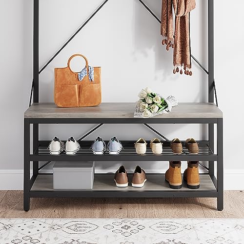IDEALHOUSE Coat Rack Shoe Bench Industrial Hall Tree Storage Bench for Entryway Wood Look Accent Large Shoe Rack with Storage Shelf Hanging Bar,8 Hooks Grey 39.9"x15.7"x72" - color: Grey