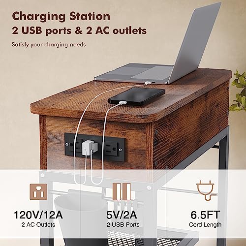 Colima Lift Top End Table with Charging Station and Wheels, Sofa Side Table with USB Port & AC Outlets, Movable Bedside Nightstand with Side Bag for Office Living Room Bedroom(Rustic Wood) - color: Rustic Brown