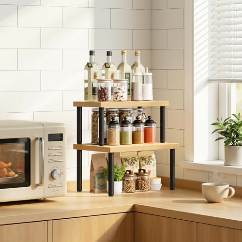 HOOBRO Cabinet Organizer Shelf, kitchen countertop organizer, Kitchen Storage, Spice Rack for cabinet, Stackable, Expandable, for Countertop,kitchen,cabinet, Black and Natural BN15TL01 - color: Natural+ Black