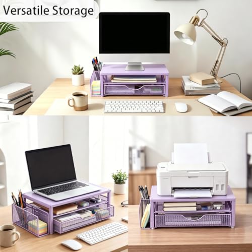 Spacrea Desk Organizer and Accessories, Computer Monitor Stand Riser with Drawer and 1 Open Pen Holder, Printer & Laptop Stand, Office Desk Accessories for Home Office Supplies (Purple) - color: Purple - Metal Drawer